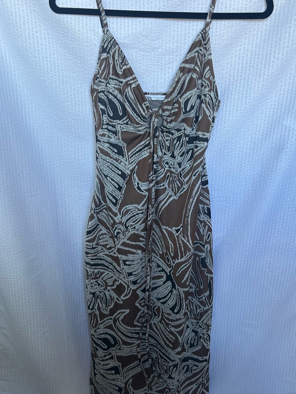 Zara Brown Abstract Floral Print Midi Spaghetti Strap Dress Size Small